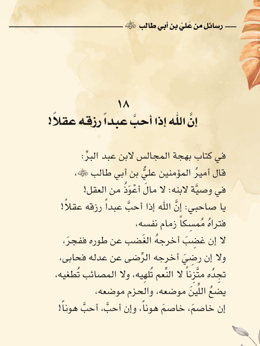 إنَّ اللهَ إذا أحبَّ عبداً رزقاً عقلاً!

#رسائل_من_علي_بن_أبي_طالب