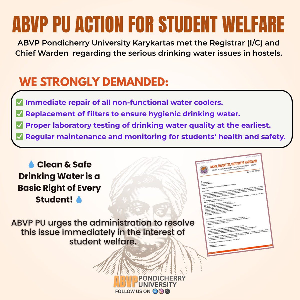 *ABVP PU firmly stands to address and resolve all the issues of students.* 

_ABVP DEMANDS_
1.Immediate repair of all non-functional water coolers.
2.Replacement of filters to ensure hygienic drinking water.
3.Proper laboratory testing of drinking water quality at the earliest.
