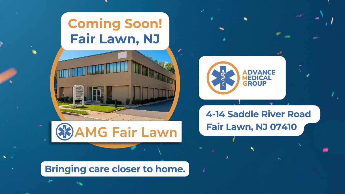 AMG_Healthcare's tweet photo. 📣 Coming soon to Fair Lawn, NJ! Our family is growing to include the Fair Lawn commuity and its surroundings. We're dedicated to bringing you and your loved ones the best medical care so you can advance in health. https://t.co/m4lTtPR3nd