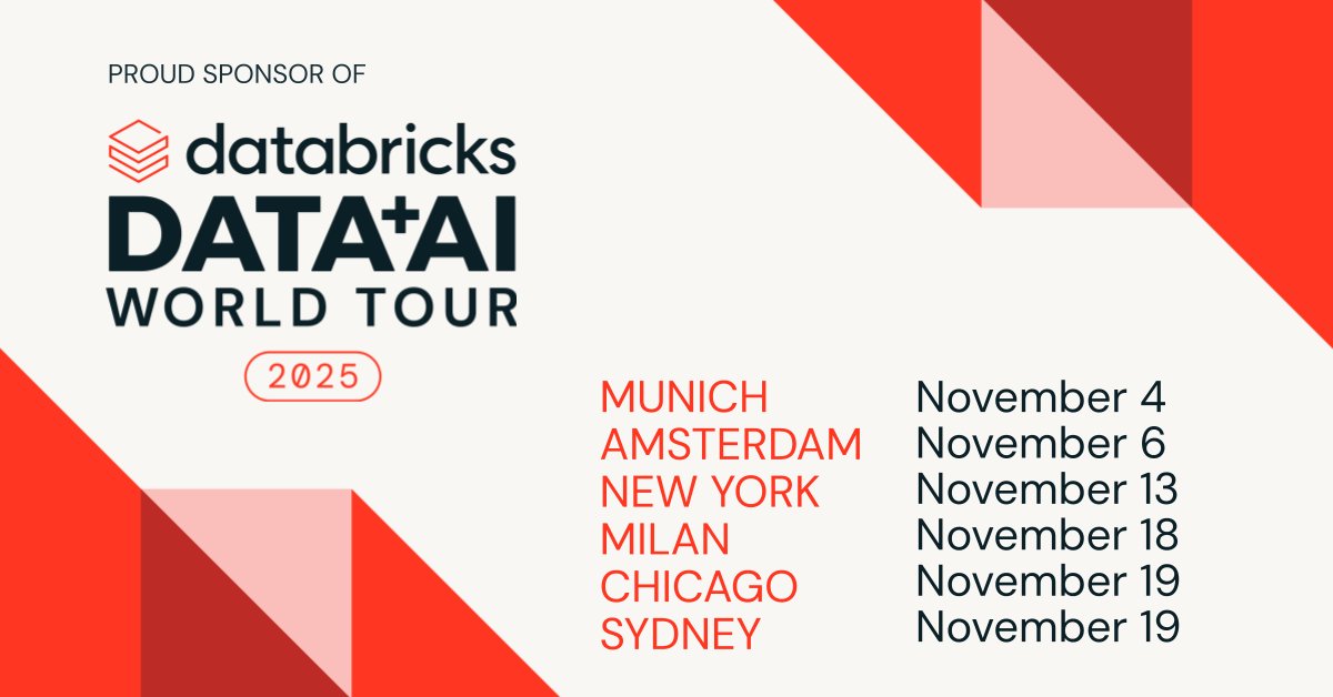 confluentinc's tweet image. The @Databricks #DataAIWorldTour is rolling on and Confluent is coming with! 
Next stops:
📍 Munich – 11/4 | Session with with @KaiWaehner 
📍 Amsterdam – 11/6 | Session with Maria Berinde-Tampanariu 
📍 New York – 11/13 | Session with Shravan Pabba
📍 Milan – 11/18
📍 Chicago –…