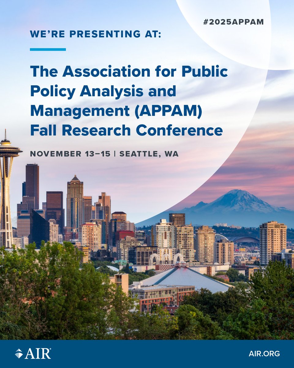 AIRInforms's tweet image. AIR is proud to be a Gold Sponsor at #APPAM2025 next week in Seattle.

Our experts will be presenting on topics such as college access, CTE, teacher workforce, AI in education, and career pathways.

🔗 Explore all our APPAM sessions: air.org/news/press-rel…