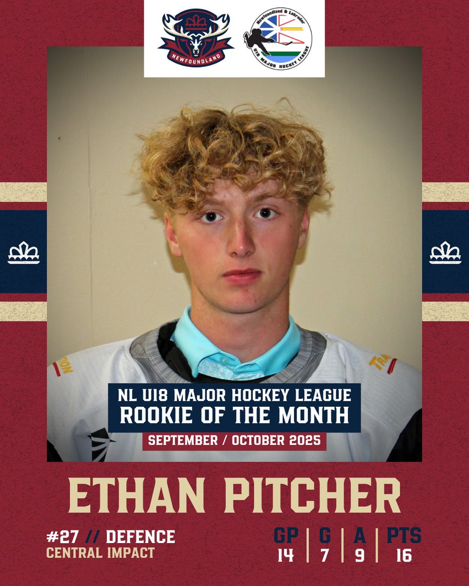 nlregiment's tweet image. The NL Regiment are proud to partner with the NL U18 Major Hockey League to present individual honours across the 2025/26 season 🏆

Big congrats to September/October player of the month Reed Chafe and September/October rookie of the month Ethan Pitcher. Pitcher is 2026 QMJHL…