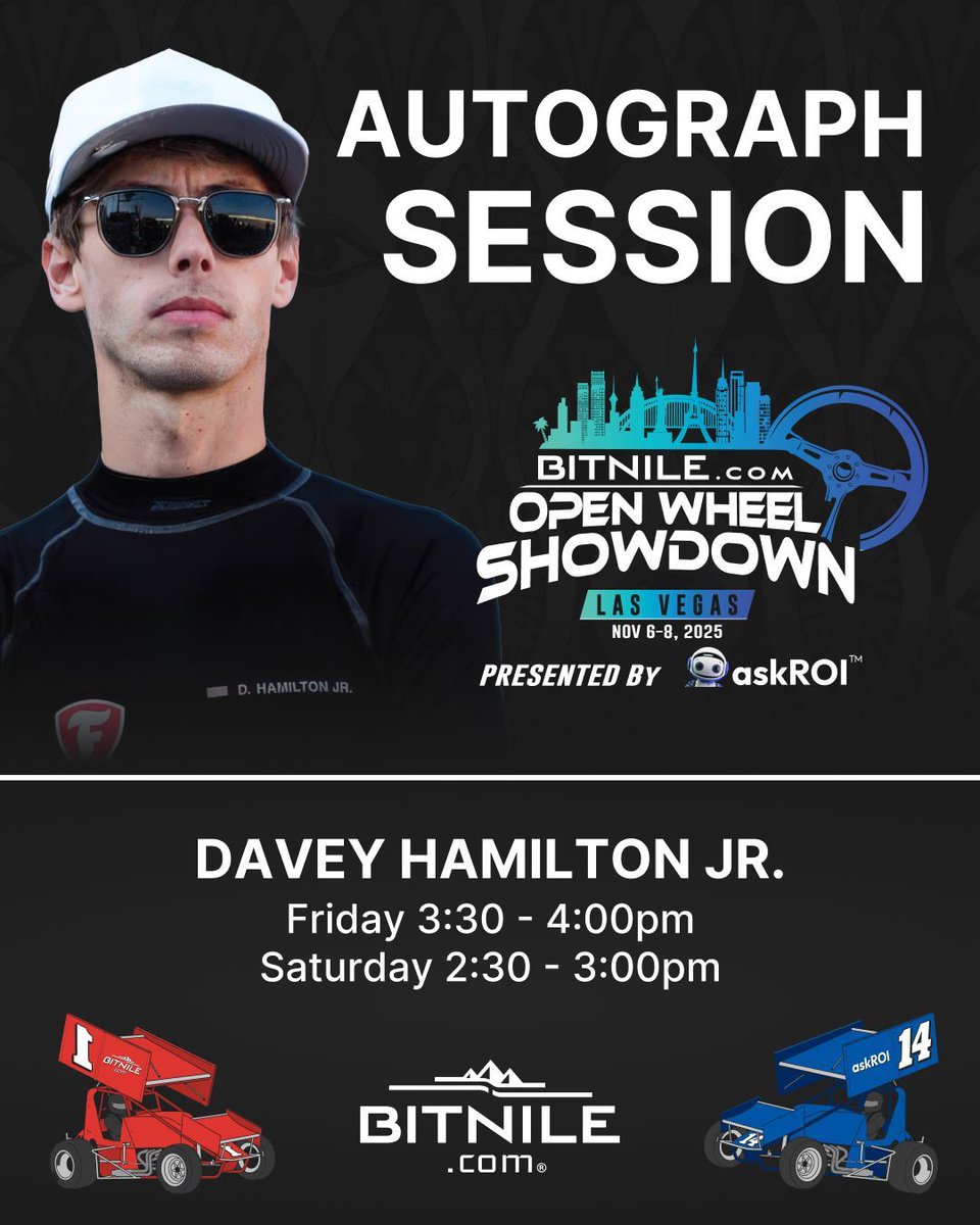 🏁 Meet Davey Hamilton Jr. at the BitNile.com Open Wheel Showdown, presented by askROI.com.
📍 Las Vegas — Nov 6–8, 2025
🗓 Friday 3:30–4:00 PM
🗓 Saturday 2:30–3:00 PM
Get tickets at openwheelshowdown.com