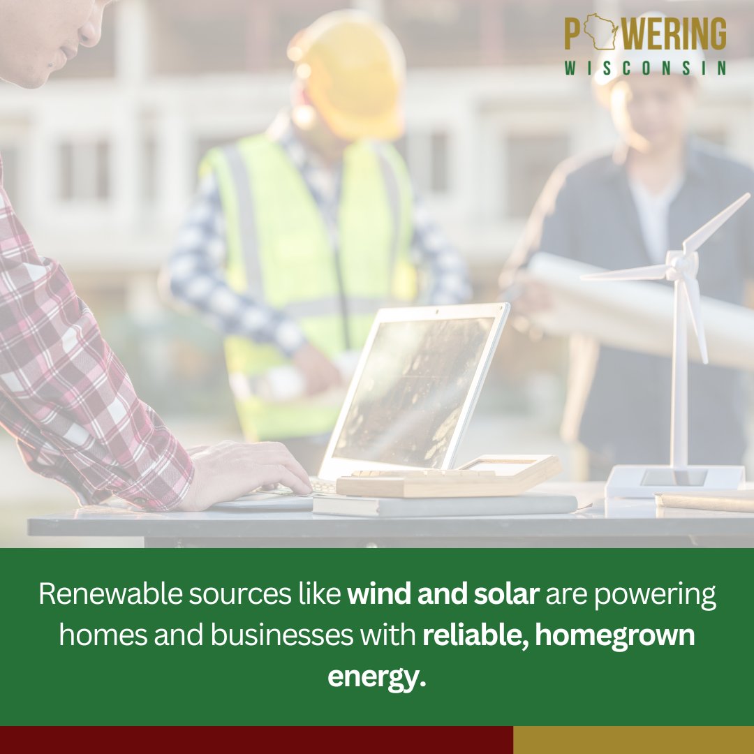 PoweringWi's tweet image. Renewable sources like wind and solar are powering homes and businesses with reliable, homegrown energy. It’s not just clean -- it’s building a stronger, more resilient Wisconsin.