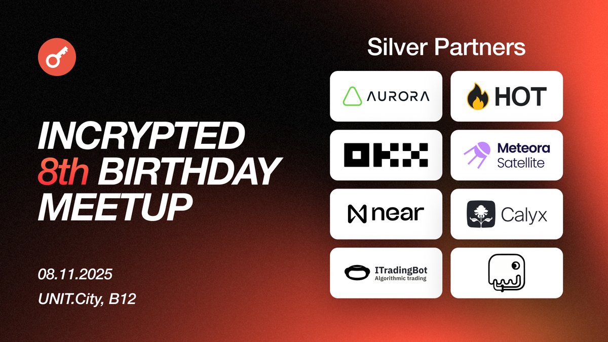 incrypted's tweet image. 🚀 We’re excited to announce our Silver Partners for the upcoming Incrypted 8th Birthday Meetup!

These amazing projects are shaping the future of crypto, DeFi, and Web3 👇
@auroraisnear  | @hotdao_  | @okx  | @Meteora_STLLT | @NEARProtocol | @Calyxdotxyz | iTradingBot | Blob…