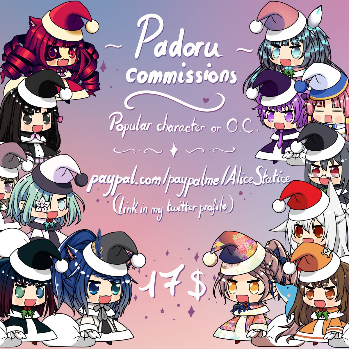 💫Likes and retweets are appreciated 💫
✨Commissions Open✨

🌸I just need a picture or description of the character!
🌸You can DM me anytime on Twitter/Discord (bio) to discuss about the character or if you have any questions!
🌸💰 PayPal only! (Upfront) 

#Padoru #Commission
