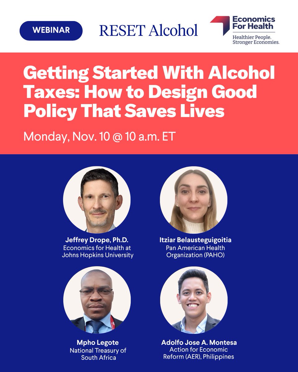 You are invited to our #webinar on the 6️⃣ key principles of alcohol #taxation 🎉

Join us at 10am ET on November 10th for the launch of the 🆕 policy note from #RESETAlcohol on designing #alcohol taxes to save lives!

Learn from a global panel of experts👇
vitalstrategies.zoom.us/webinar/regist…