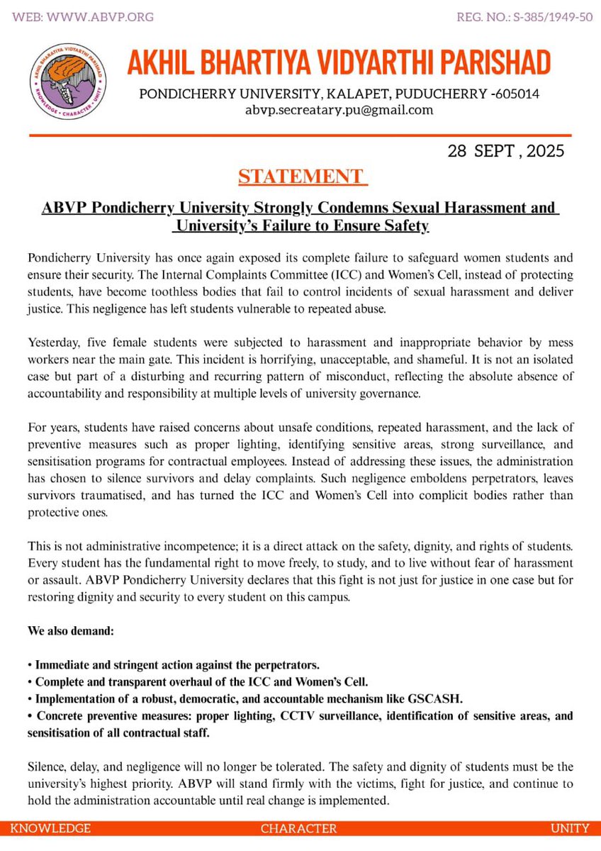 ABVP PU strongly condemns sexual harassment and University’s failure to protect students.

instagram.com/p/DPJGy-RjzCY/…

 ABVP PU 🚩
