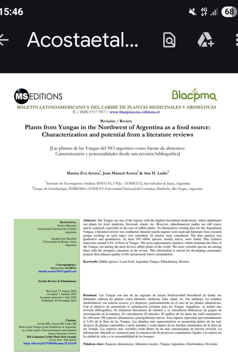 New paper published! 📢🌿 Plants from Yungas in the Northwest of Argentina as a food source: Characterization and potential from a literature review. BLACPMA. This work  is a review of the existing information on edible plants in the Arg. Yungas. DOI: 10.37360/blacpma.25.24.6.60