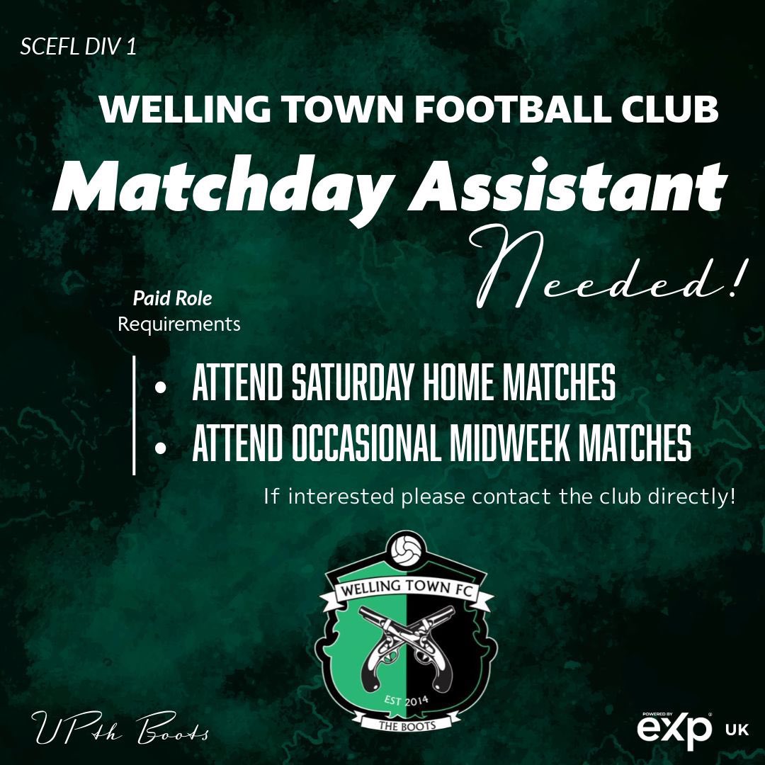 Welling Town are looking for a Physio &amp; Matchday Assistant! ⚽️

Please see the Requirements and get in touch via DM’s if you are interested 📞 

#UpTheBoots💚🖤🥾