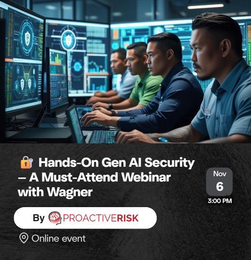 🚀 Stay ahead in Generative AI Security!
Join Wagner, Senior Consultant at PROACTIVERISK, for a hands-on webinar on real-world threats &amp; defense strategies.

📅 Nov 6, 3 PM ET
🔗 RSVP: hubs.li/Q03Rn1vk0

#GenAI #CyberSecurity #Webinar