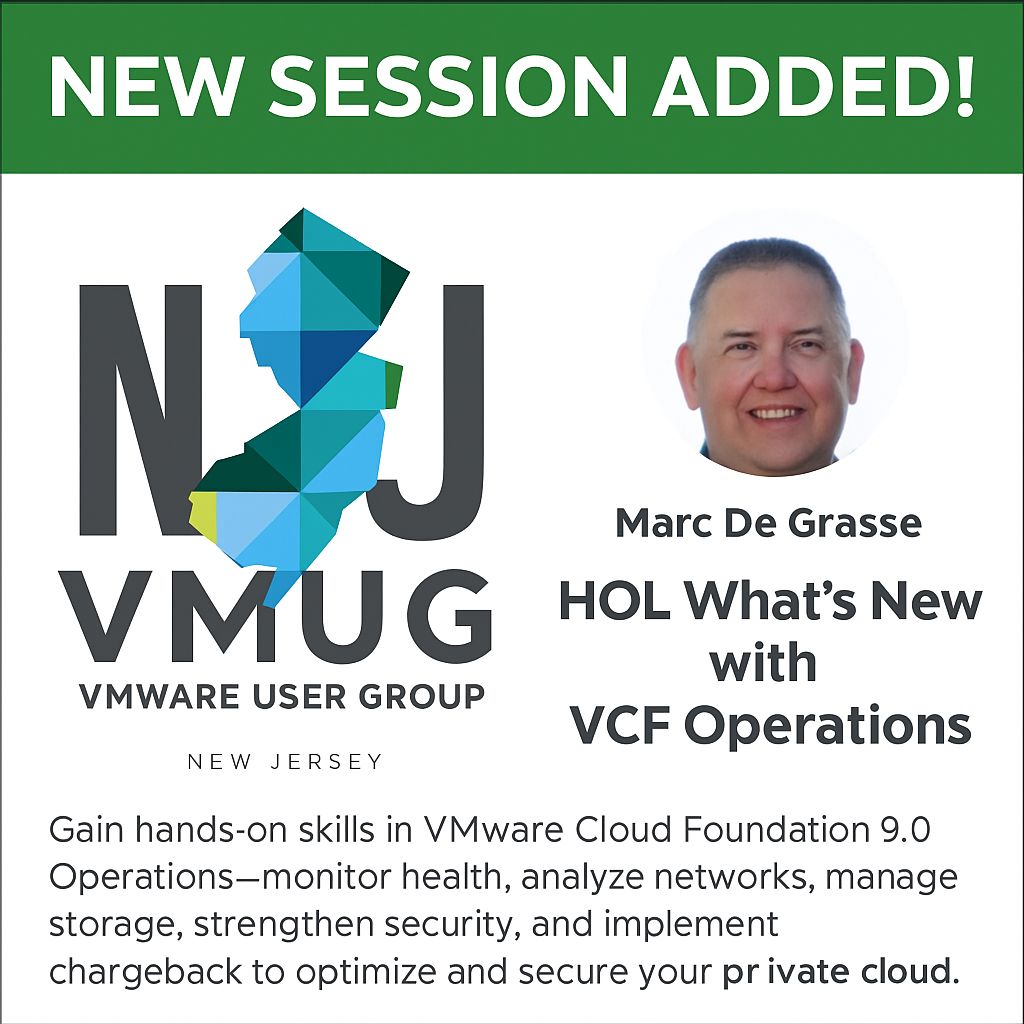 💻 New session alert for #NJVMUG!
🔥 HOL: What’s New with VCF Operations
Get hands-on with VMware Cloud Foundation 9.0 — monitor, secure &amp; optimize your private cloud like a pro.
🗓️ Nov 7 | 📍 Rutgers Inn | 🕙 10–2
🔗 bit.ly/3JnhhD6

#VMware #VCF #vCommunity