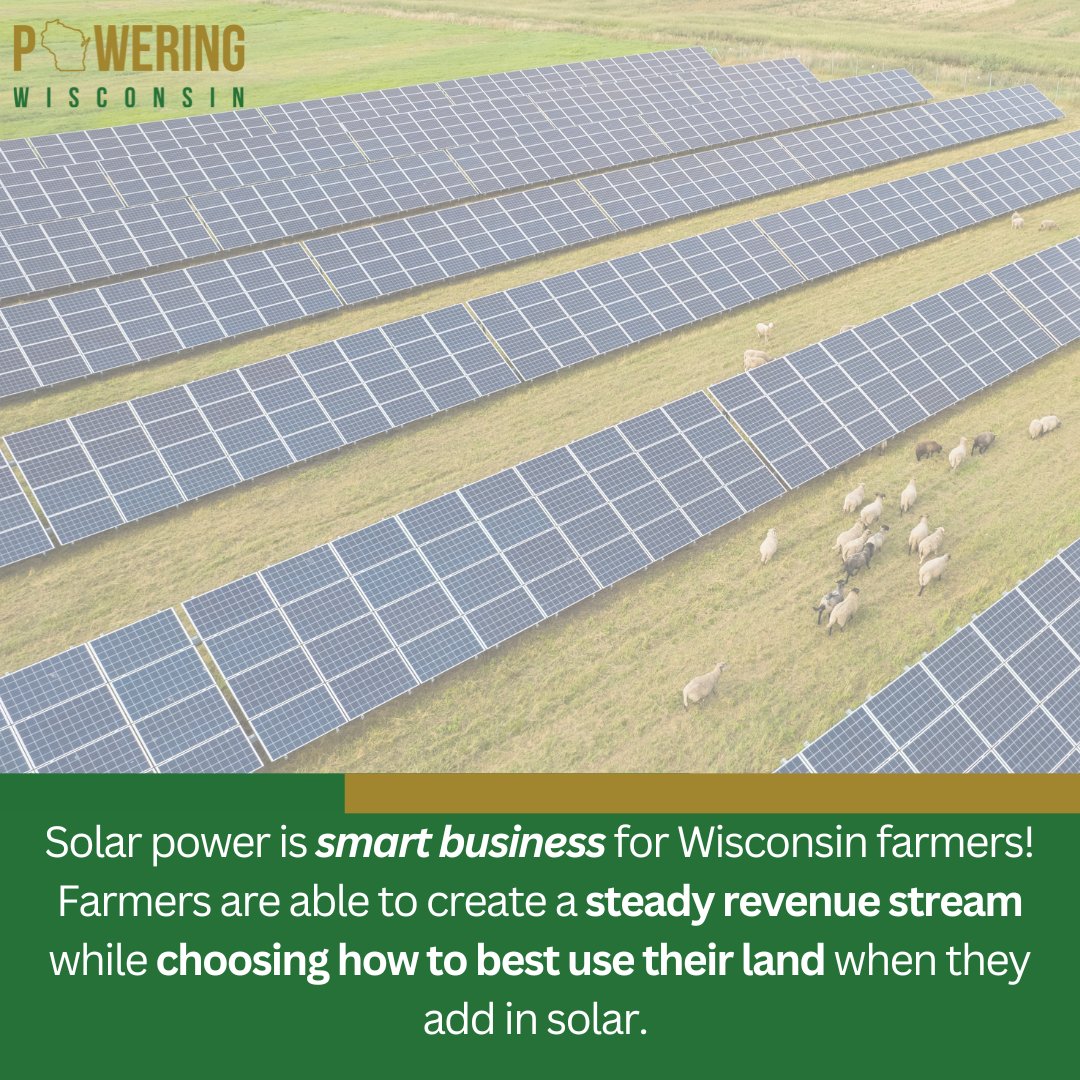 PoweringWi's tweet image. Solar power is smart business for Wisconsin farmers! Farmers are able to create a steady revenue stream while choosing how to best use their land when they add in solar.