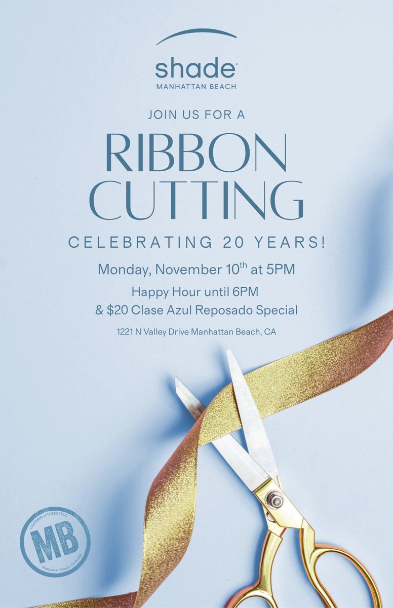 Shade Hotel is celebrating 20 years in Manhattan Beach! 

We would love to see you for our 20-year ribbon cutting ceremony in partnership with the Manhattan Beach Chamber, on Monday, November 10th at 5 PM!