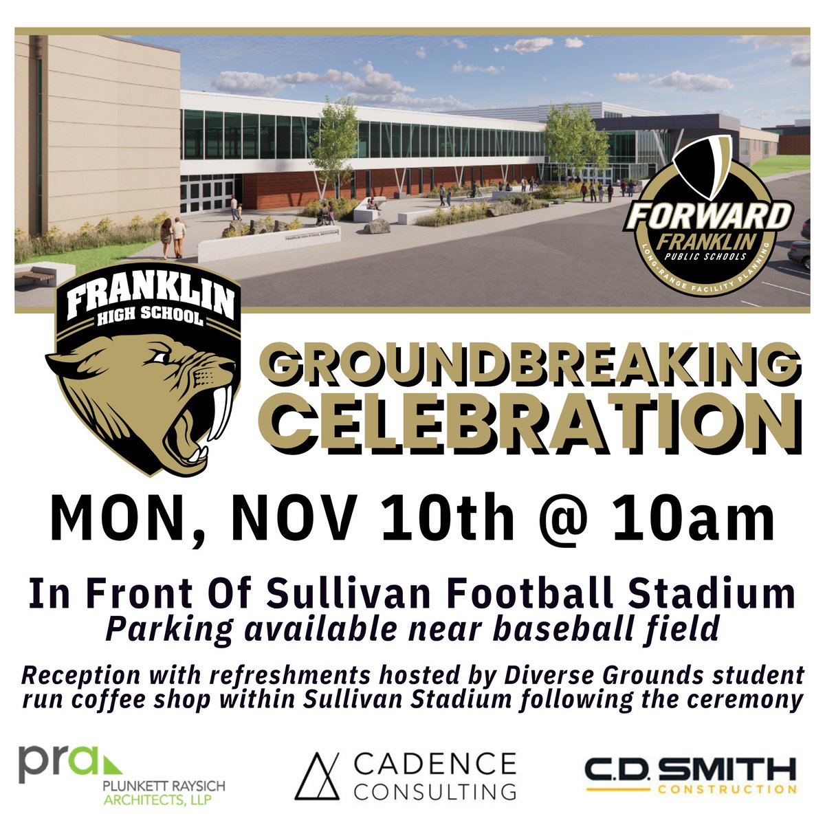 FranklinSabers's tweet photo. One week from today - on Mon Nov 10th - is the FHS Groundbreaking Celebration. This event is open to the public &amp; will take place in front of Sullivan Stadium.  Parking available near the baseball field.  A short reception will follow; refreshments served by Diverse Grounds! https://t.co/39EE3uIQA9