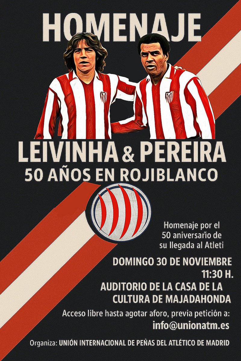 ✨ Un homenaje de leyenda ✨

LEIVINHA &amp; PEREIRA, 50 años en rojiblanco 🔴⚪️

Nos reuniremos para celebrar medio siglo de historia, con la presencia de grandes Leyendas y compañeros de equipo… y muchas sorpresas que harán de este día algo inolvidable. ❤️

📅 Domingo 30 de