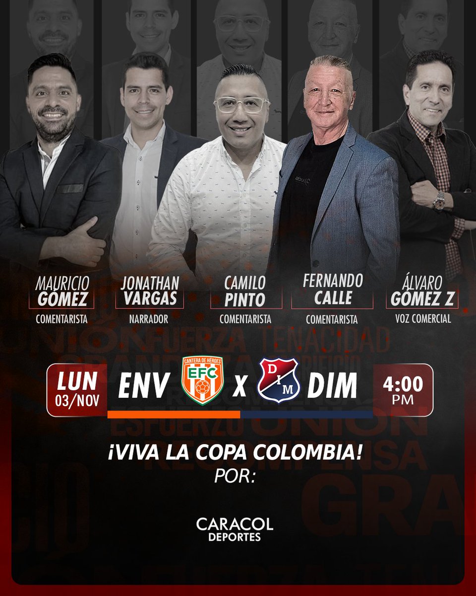 🍊🆚🏔️ ¡Duelo antioqueño entre Envigado y Medellín por las semifinales de la Copa Colombia!

📻 Viva las emociones del partido por #ElFenómenodelFútbol de Caracol Radio

Conduce: <a href="/camiloapinto/">CAMILO PINTO</a>

Relata: <a href="/Jonavargasva/">jonathan vargas</a>

Comentan: <a href="/elmago_b/">Mauricio Gómez Buriticá</a> y <a href="/PiolinCalle/">Fernando Calle</a>

Voz comercial: <a href="/gomezzafra/">Alvaro Gómez Zafra</a>