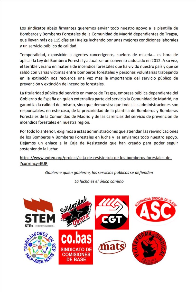📄 Comunicado intersindical de apoyo a la huelga de <a href="/BBFFMadrid/">Bomberos Forestales Comunidad de Madrid</a>.

#BomberosForestalesCM

✊🏼 Caja de resistencia:

goteo.org/project/caja-d…