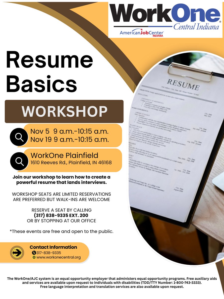 Big things are happening at WorkOne Plainfield this November - don't miss out! 1. Resume Basics Workshop