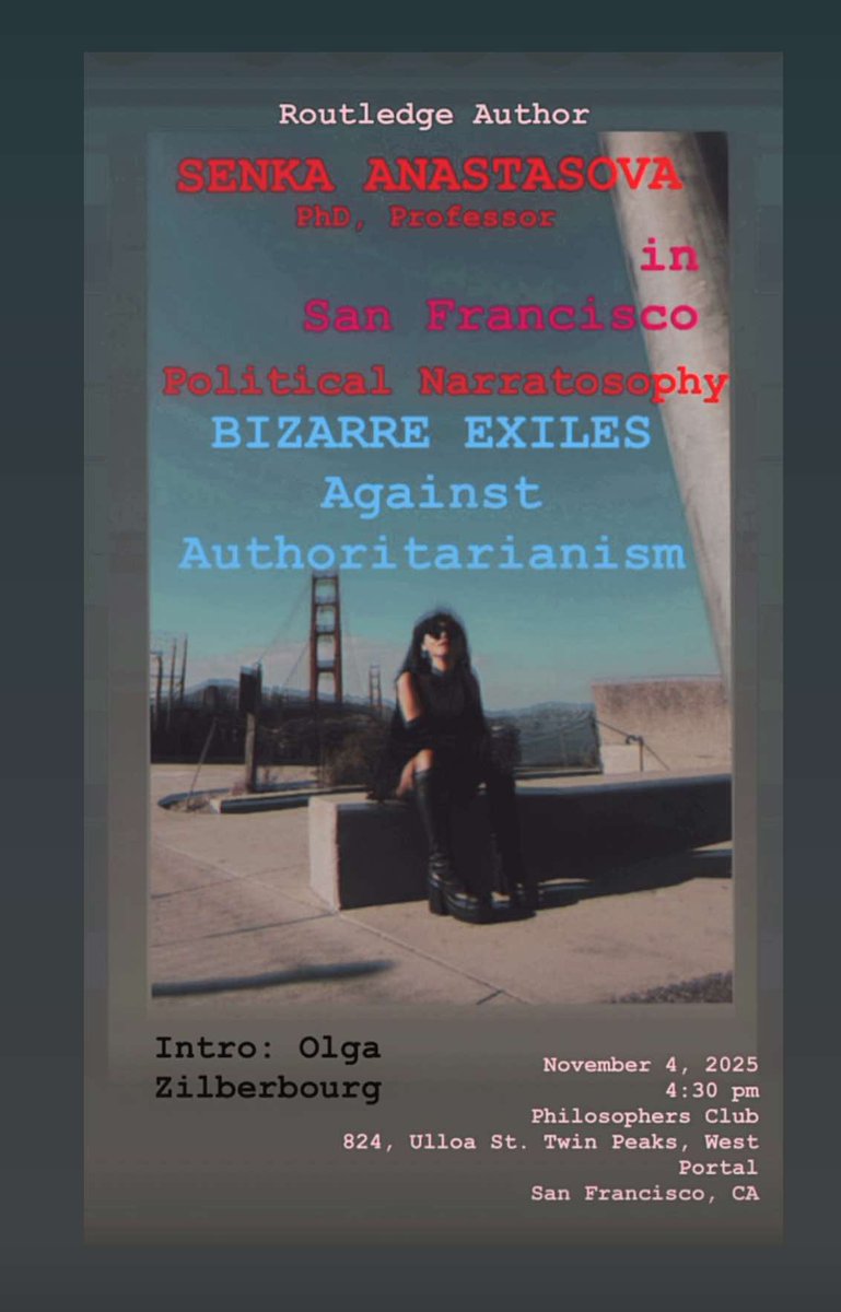 Bizarre Exiles-- tomorrow! On Tuesday, November 4, 4:30 pm, I'll be introducing a  feminist philosopher from the former Yugoslavia (North Macedonia), Senka Anastasova and her book from <a href="/routledgebooks/">Routledge Books</a> POLITICAL NARRATOSOPHY, at Philosophers Club (824 Ulloa St). Come!
#BookTwitter