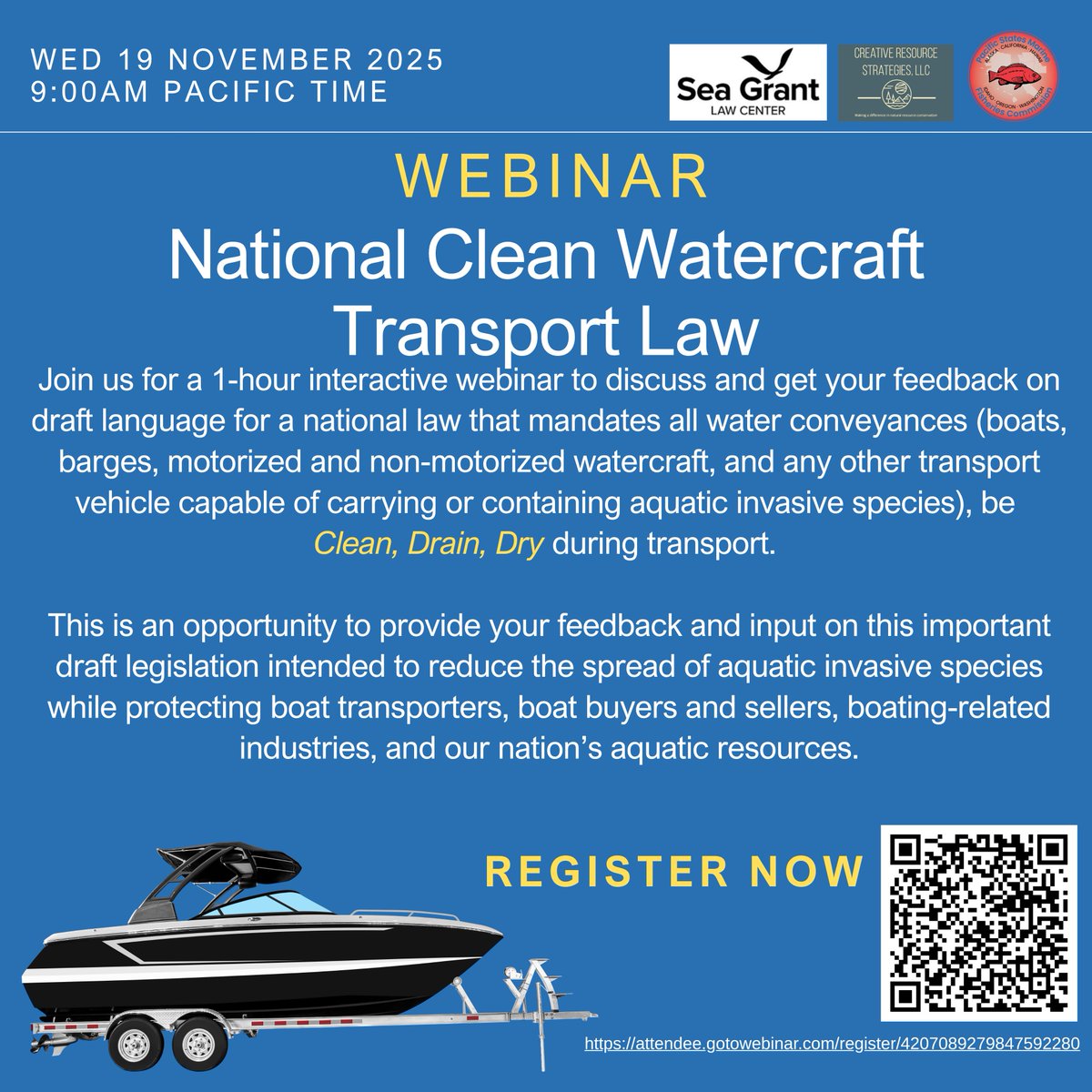 Join us on November 19th to learn more about the ongoing effort to draft a model national law to address risk of aquatic invasive species spread through the overland transport of watercraft! 

Register here ➡️ register.gotowebinar.com/register/42070…