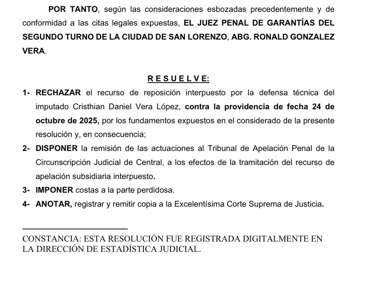 🚨Rechazan recursos de la defensa de Cristihan Vera.
-El Juzgado Penal de Garantías N.º 2 de San Lorenzo, a cargo del Abg. Ronald González Vera, rechazó dos recursos de reposición con apelación en subsidio planteados por la defensa de Cristhian Daniel Vera López.
-Se confirmó la