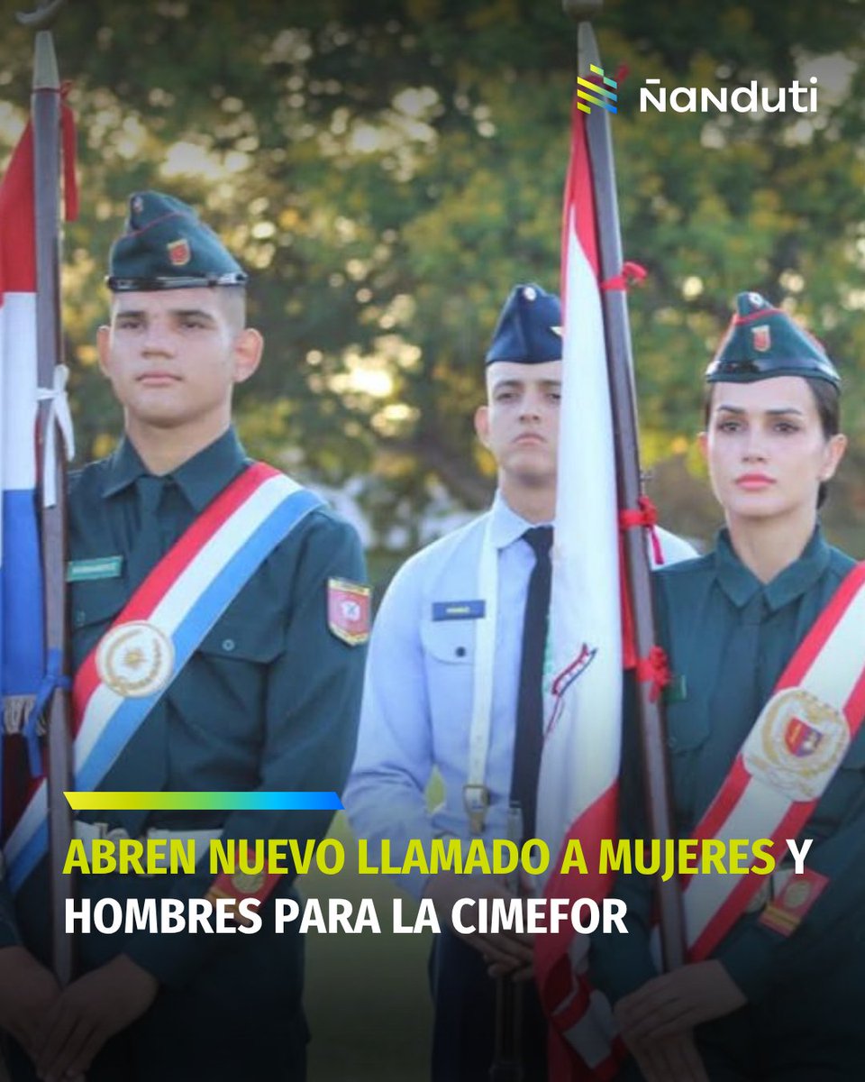 nanduti's tweet photo. Abren nuevo llamado para el Cimefor

🪖 El Centro de Instrucción Militar y Formación de Oficiales de Reserva (Cimefor) habilitó las inscripciones para quienes deseen sumarse a la institución.

🫡 Hasta la fecha, la mayoría de las inscripciones corresponden a mujeres: 319 frente a 200 hombres, según datos oficiales. Desde 2024, también pueden acceder mujeres.

➡️ La inscripción es voluntaria y no está vinculada al servicio militar obligatorio, que continúa siendo exclusivo para hombres.

#Ñanduti