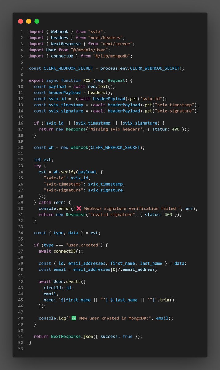 BH_codes's tweet image. Day 21/90 Building mini SaaS at 17🔥

Worked on MongoDB integration + webhook handling

-Connected MongoDB using  cached connection

-Created models and schemas

- Integrated Svix for test webhook verification

#BuildInPublic #Nextjs #MongoDB #Clerk #Svix #WebDev #SaaS #IndieDev
