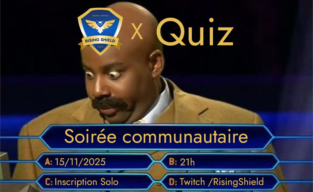 ⚪️ Soirée Communautaire 🟡

La prochaine soirée communautaire aura lieu le 15/11 à partir de 21h et sera diffusée sur la chaîne de l'asso !

Lors de cette soirée, vous pourrez flex votre culture générale 🧠

Inscription sur le discord AEGIS !

#SHIELDSUP 🤍💛