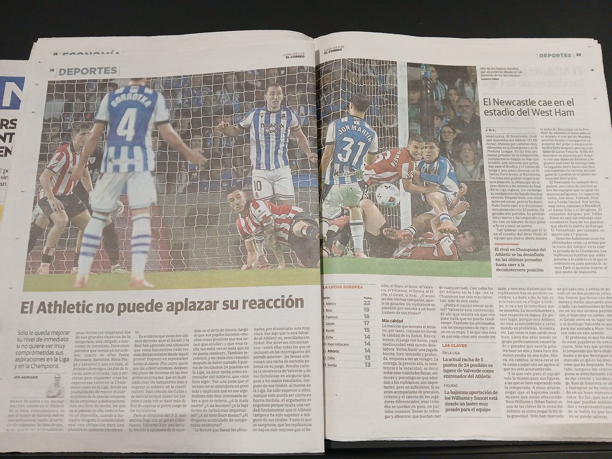 Doble página de la sección de Deportes de El Correo. ¿Ven por algún lado el marcador? ¿Ven la Real Sociedad en algún título, subtítulo o sumario? En el texto mencionan la Real sólo dos veces. 

Manual de cómo ocultar una derrota.