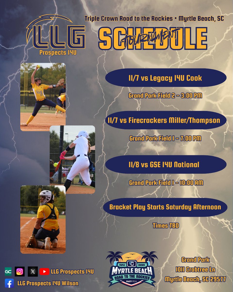 We're headed to Myrtle Beach, SC this weekend for the <a href="/triplecrownspts/">Triple Crown Sports</a> Road to the Rockies! Action kicks off at Grand Park on Friday. If you can't make it in person, be sure to follow along with the action through GameChanger or YouTube! #allgoldallgrind <a href="/Org_LLG/">Lady Lightning Gold Org Account</a>