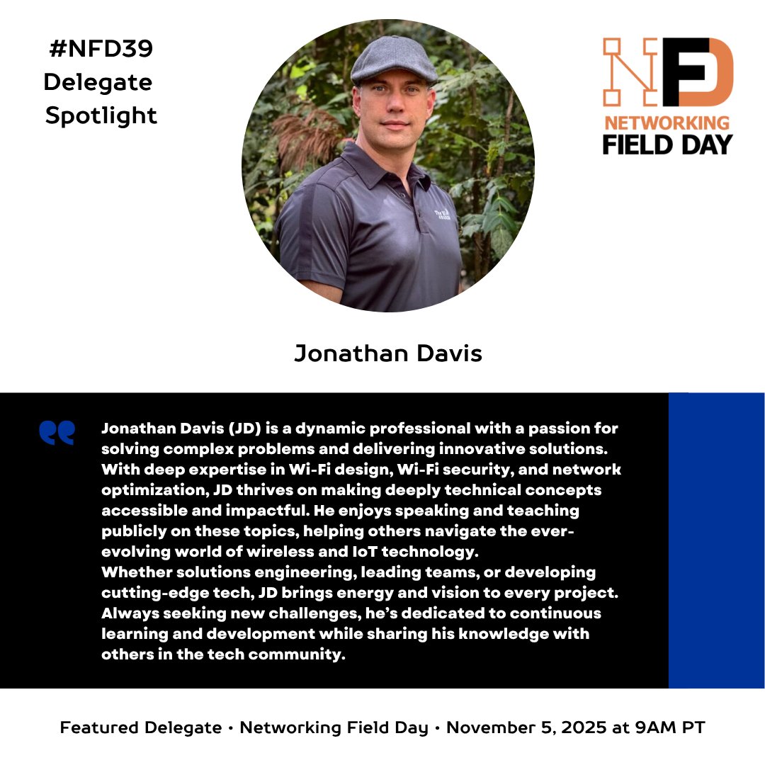 GraphiantHQ's tweet image. #NFD39 Delegate Spotlight 🔆
🔥 It’s always great to see leaders like Jonathan Davis ( @subnetwork ) bringing passion and perspective to #NetworkingFieldDay. 

Looking forward to chatting at #NetworkingFieldDay 👏