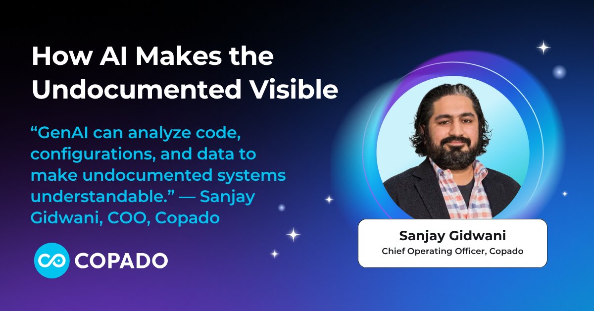 CopadoSolutions's tweet image. Got stuck with a system that came with no docs? 

AI can read the code, analyze configs &amp;amp; expose what’s really happening.

“AI helps orgs document what was never written down.” — Sanjay Gidwani, Copado

ow.ly/V7Sf50Xm0IB
 
#Copado #AI #GenAI #DevOps #Metadata #DevOpsAgents
