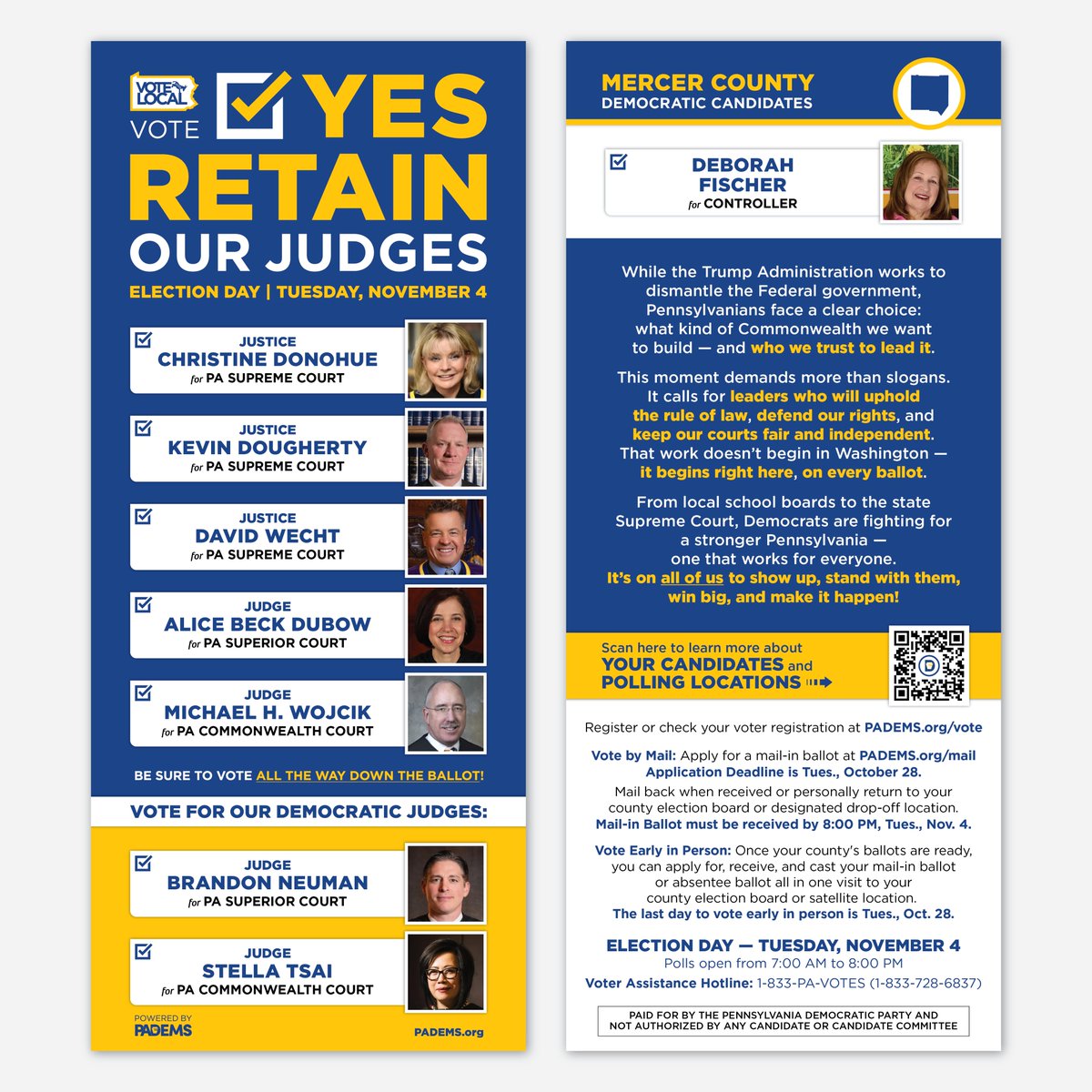 PADemParty's tweet photo. Vote Local PA Spotlight π£ We're highlighting Democratic candidates up and down the ballot in Mercer County. Learn more at https://t.co/CPZjChmuFb and be sure to π³οΈ VOTE β
YES to RETAIN Donohue, Dougherty, Wecht, Dubow, and Wojcik, TOMORROW β NOVEMBER 4! #VoteLocalPA #PoweredbyPADems #PADems