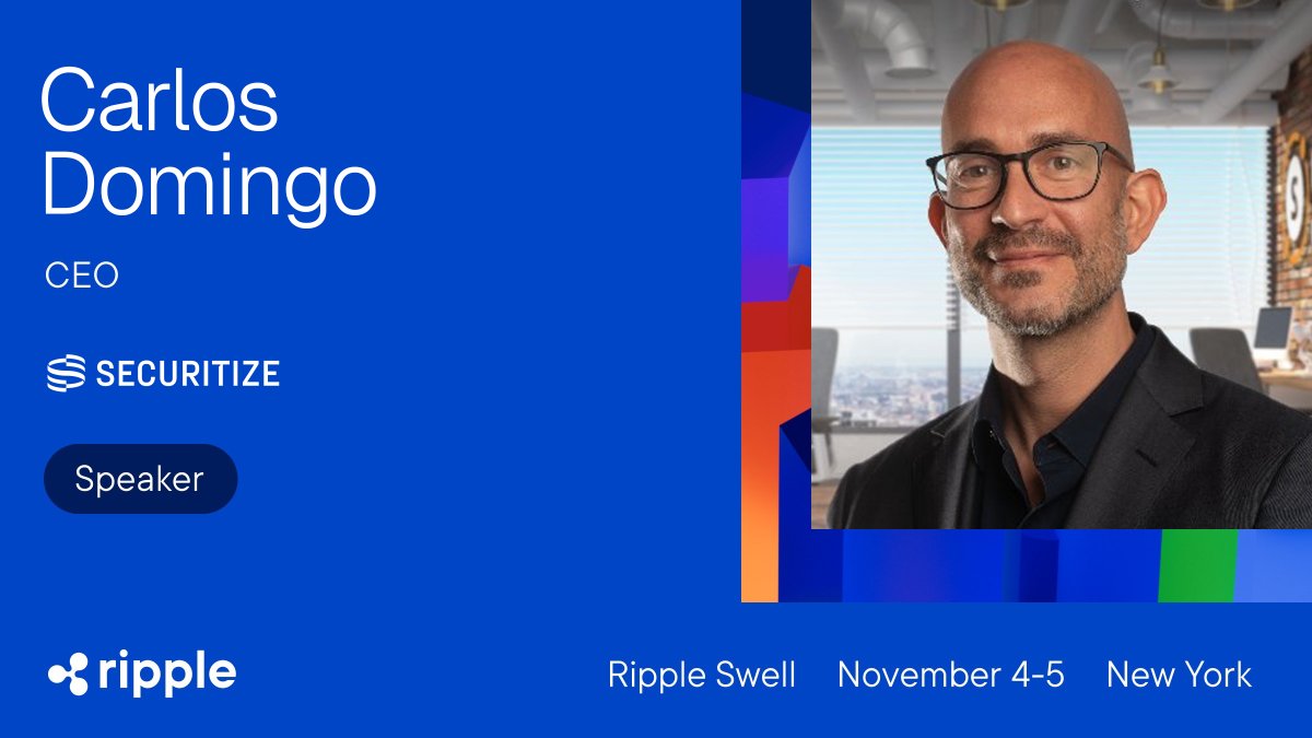 Securitize's tweet image. Don’t miss @carlosdomingo at @Ripple Swell this Wednesday for his panel: Driving Global Growth and Trust with RLUSD.