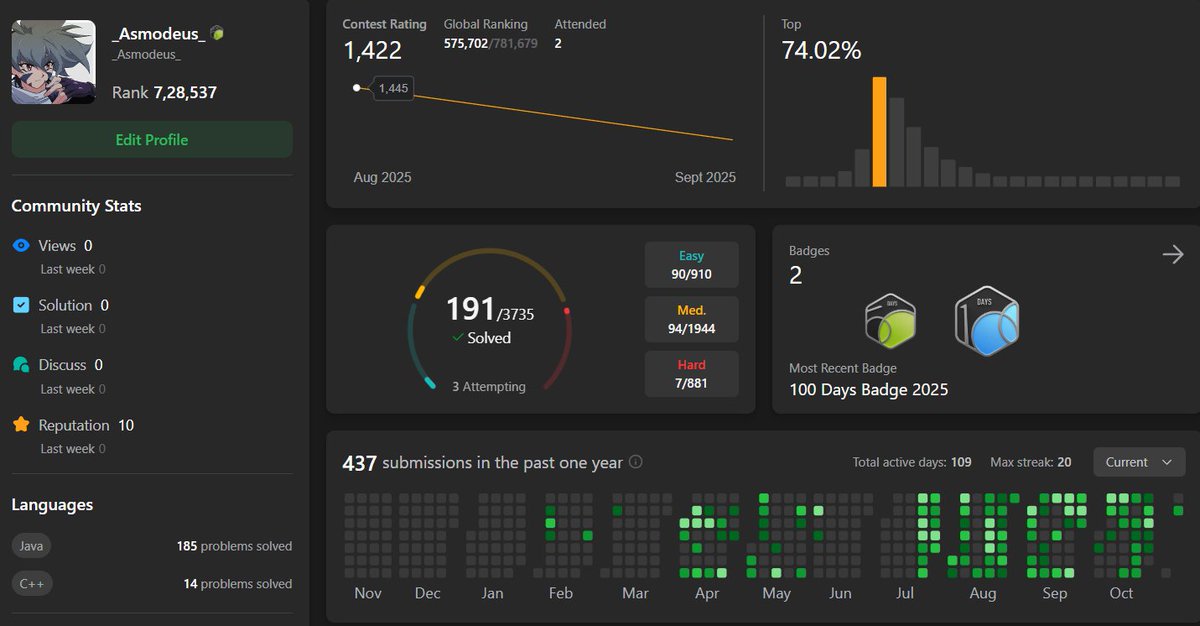 Asmo_codes's tweet image. Grinding My Way Up the Leetcode Ladder!

#leetcodeproblems 
#leetcodeprogress 
#algorithms