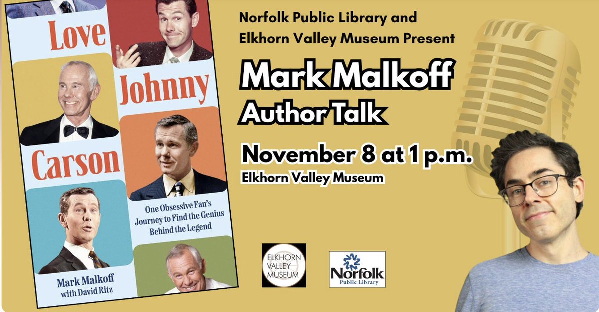 This Saturday in Norfolk, Nebraska (Johnny Carson's hometown) come to my book event/signing on Nov 8th @ 1pm at the Elkhorn Valley Museum. Please spread the word! #johnnycarson