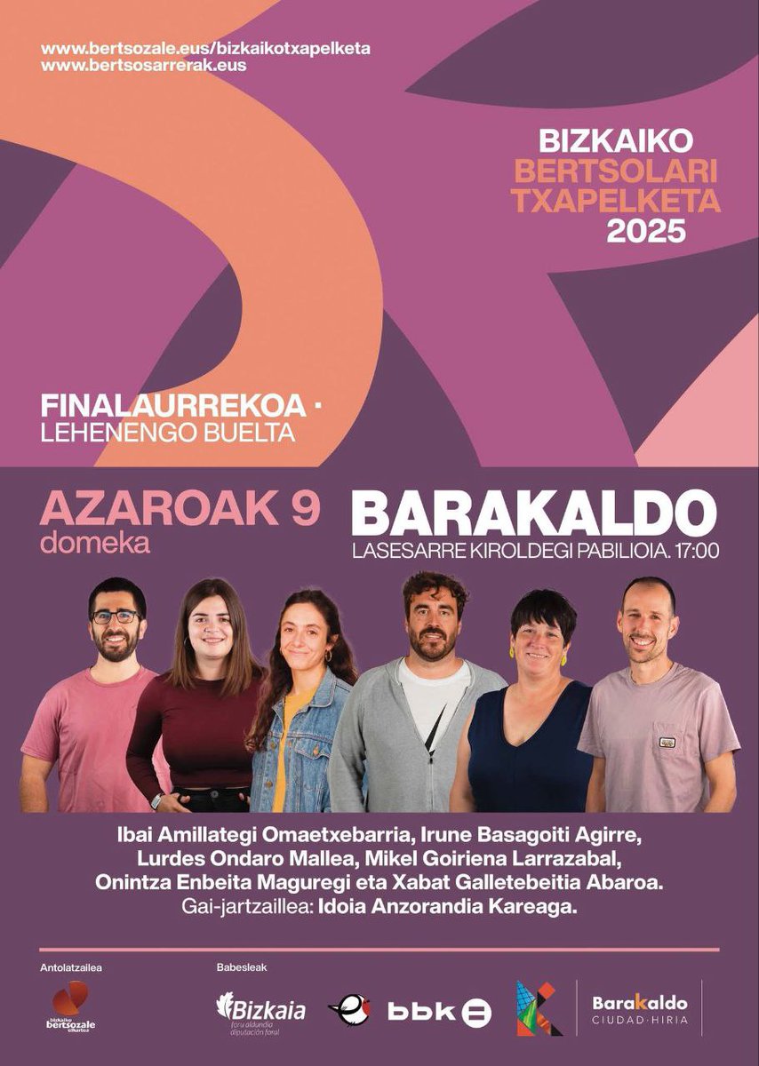Bizkaiko Bertsolari Txapelketa Barakaldon, <a href="/Bertsozale/">Bertsozale Elkartea</a>-ren eskutik!!! 
👉 Finalaurrekoa - Lehenengo buelta
📆 Azaroak 9 (igandea)
⌚️ 17:00h
🚏 Lasesarre kiroldegia
ℹ️ bertsozale.eus/eu/bizkaia/biz…
Ez galdu, primerakoa izango da eta!

#Bertsolaritza #Barakaldo