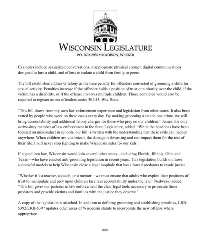 🚨BREAKING🚨

This afternoon, I joined <a href="/SenJesseJames/">Senator Jesse James</a>, <a href="/RepLindeeBrill/">Representative Lindee Brill</a>, Sen. <a href="/Vanwanggaard/">Van Wanggaard</a>, <a href="/RepDittrich/">Rep. Barbara Dittrich</a>, and <a href="/SenHutton/">Sen. Rob Hutton</a> in introducing legislation creating a criminal penalty for grooming a child. 

This bill will hold predators accountable while delivering justice for victims.