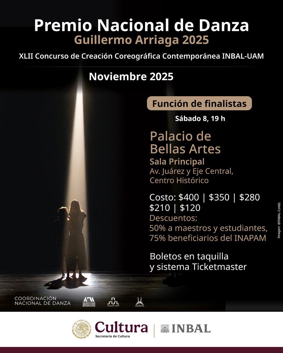 Hoy comienza las funciones de eliminatorias del Premio Nacional de Danza Guillermo Arriaga INBAL–UAM 2025 🚨

¡Les esperamos! 

Compra tus boletos en danza.inba.gob.mx 📲