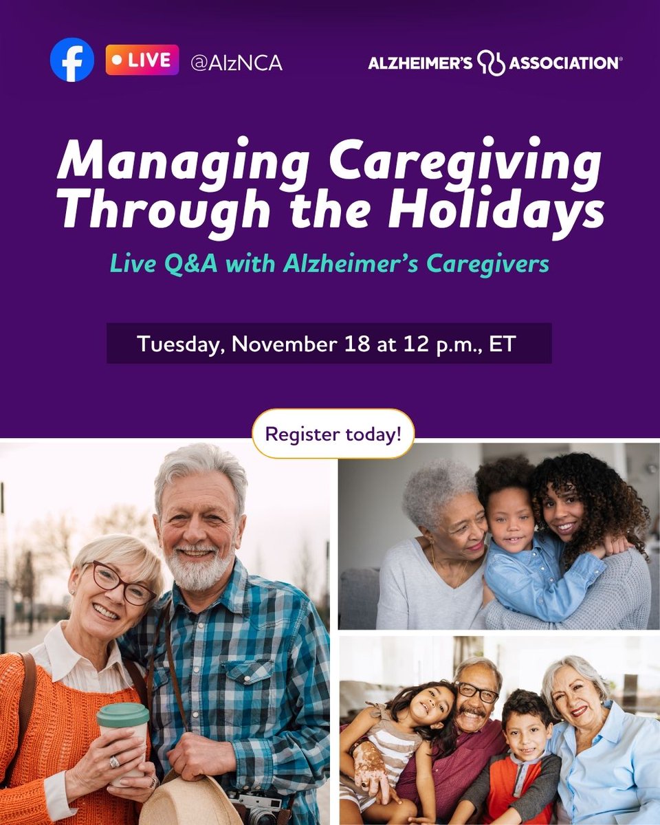 Planning a holiday visit with someone who has #Alzheimers? Learn how to support both your loved one and their caregiver in this Nov. 18 Facebook Live Q&amp;A. Small actions can make a big difference!  Register:  bit.ly/47kT9cj

#Caregiving #NationalFamilyCaregiversMonth