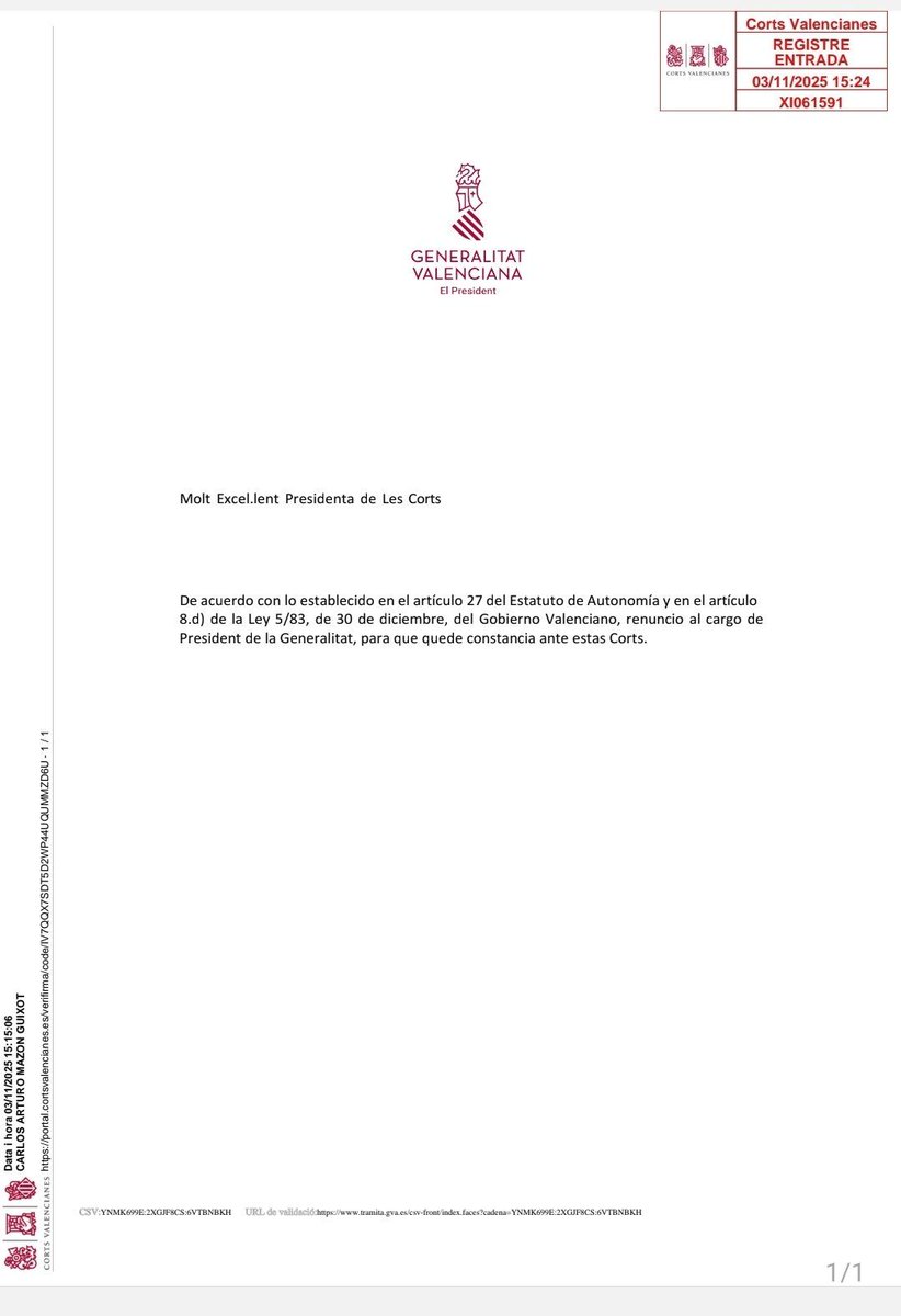 El poble valencià és qui ha fet dimitir a Mazón, però la història no s'acaba fins que no es depuren responsabilitats i hi haja reparació i recuperació. La situació és delicada, cal unitat i proximitat amb la gent. Queda molt per fer, però tenim del nostre costat les millors raons