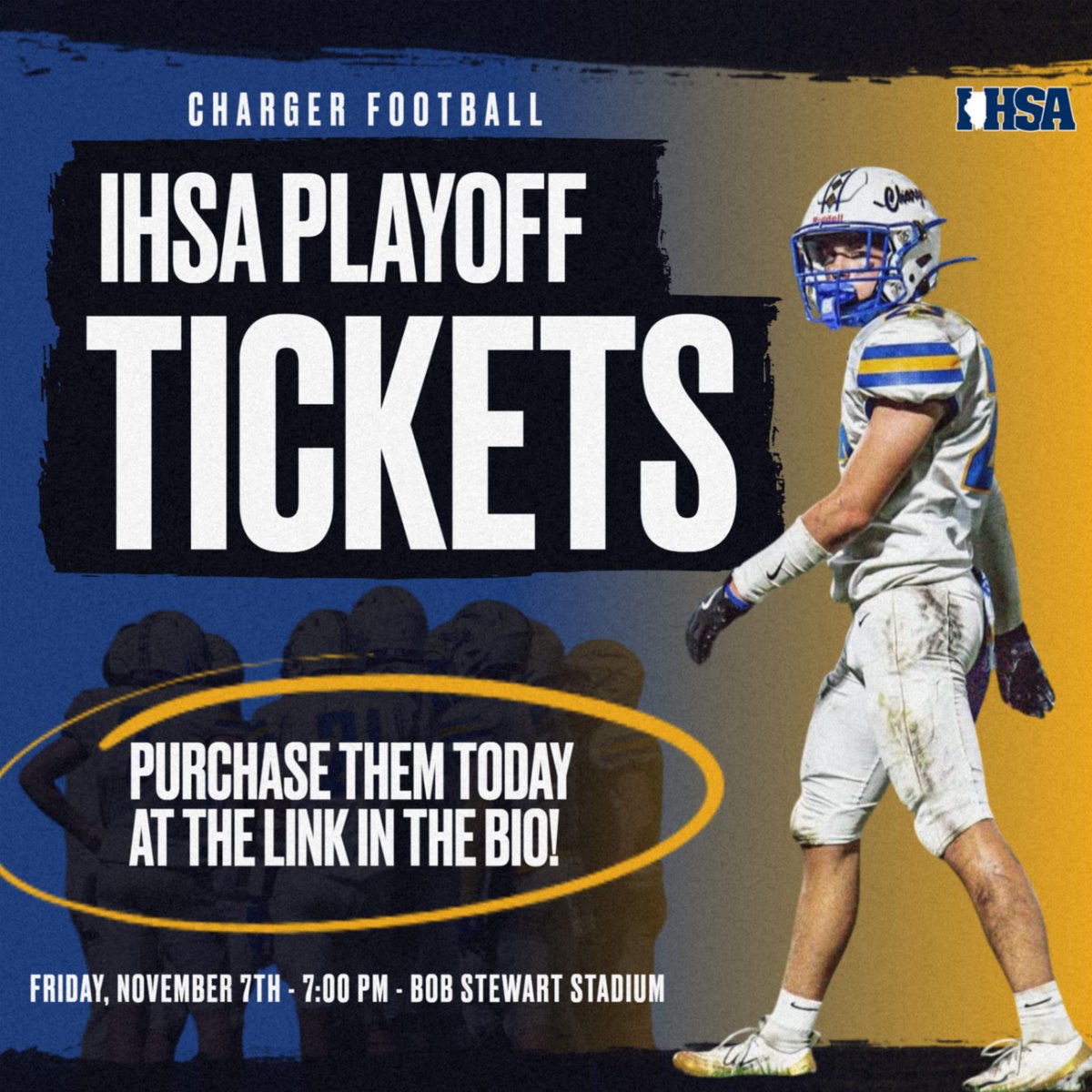 Be sure to purchase your tickets for the playoff game on Friday against Richmond-Burton in advance! Ticket prices are set by the IHSA. Come out and support the boys! Go Chargers!