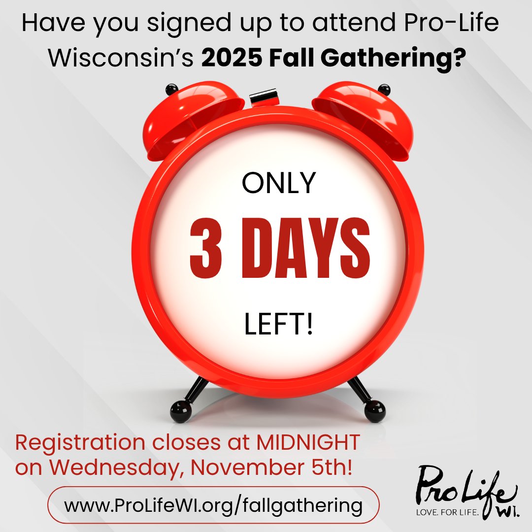 Just 3 days left to register for our Fall Gathering! Come out to Hobart on Thursday November 13th to celebrate life and honor our Legislator of the Year, Joy Goeben. Details and tickets at ProLifeWI.org/fallgathering.