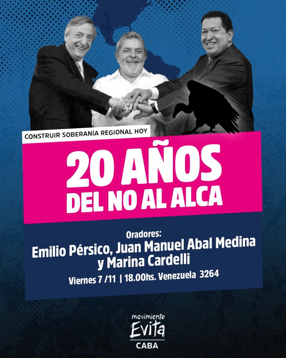 🌎 20 AÑOS DEL NO AL ALCA: CONSTRUIR SOBERANÍA REGIONAL HOY

Te esperamos este viernes 7/11 para conversar con Emilio Pérsico, <a href="/juanabalmedina/">Juan Manuel Abal Medina</a> y <a href="/Cardelli_m/">Marina Cardelli</a> 

🕔 18.00hs
📌 Venezuela 3264