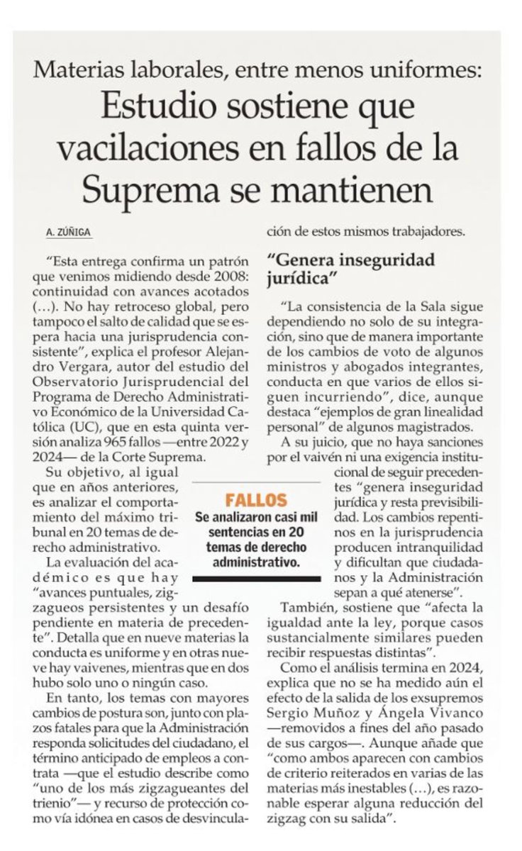 Comparto nota de El Mercurio, realizada sobre el estudio de mi autoría, en conjunto con el Observatorio Jurisprudencial del PDAE UC, "El Derecho administrativo ante la jurisprudencia de la Corte Suprema, V: Líneas y vacilaciones en veinte temas durante 2022, 2023 y 2024".