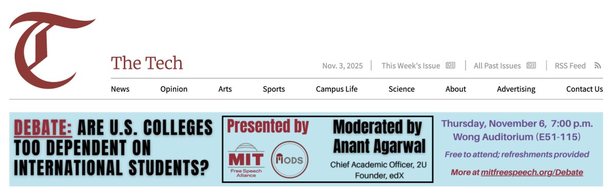 mitfreespeech's tweet image. If you&apos;ve visited @thetech this week, you&apos;ve seen our debate ad. This Thursday night! Details in next post.