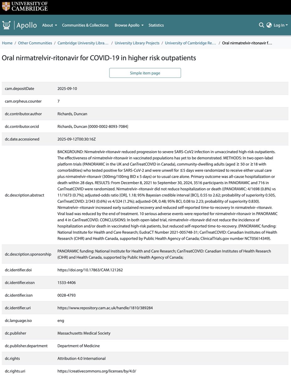 CovidAnalysis's tweet image. 🔴 LARGEST PAXLOVID TRIAL RESULTS DELETED – NO RESPONSE FROM TRIAL OR NEJM

☠️🏥 The largest RCT for the #1 revenue COVID-19 treatment ($25B+) shows an adjusted odds ratio of 1.18 [0.55–2.62] for hospitalization/death (favoring placebo).

The PANORAMIC trial result was posted on…