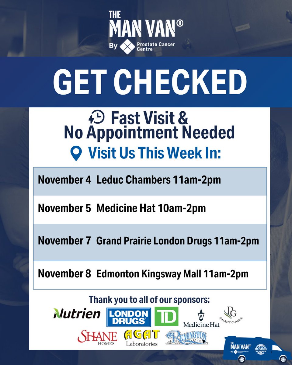💙 Get Checked — It’s Free, Fast &amp; Easy!
📅Tues, Nov 4th
📍6420 50 St, Leduc, AB T9E 7K9

📅Wed, Nov 5th
📍2000 Division Ave N, Medicine Hat, AB T3E 7N5

📅Fri, Nov 7th
📍10820–104B Ave, Grande Prairie, AB T8V 8J6

📅Sat, Nov 8th
📍109 Kingsway NW, Edmonton, AB T5G 3A6