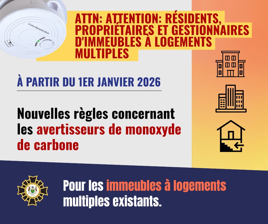 Le 1 janvier 2026, les exigences accrues du Code de prévention des incendies pour les avertisseurs de monoxyde de carbone (CO) s'appliqueront aux appartements, aux copropriétés et aux autres immeubles résidentiels à logements multiples. 

Ontario.ca/MonoxydeDeCarb…

@ONSecurite
